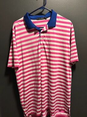 Ralph Lauren Pink and White Striped Polo with Blue Collar